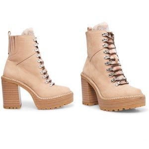 NEW Madden Girl Kikki Lug Sole Heeled Suede Hiking Bootie Lace Up Shearling/Fur